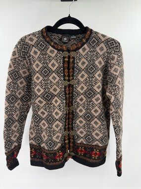 Vintage 90s Skyr 100% Wool Nordic Fair Isle Cardigan Sweater Clasp Apres Ski Sm